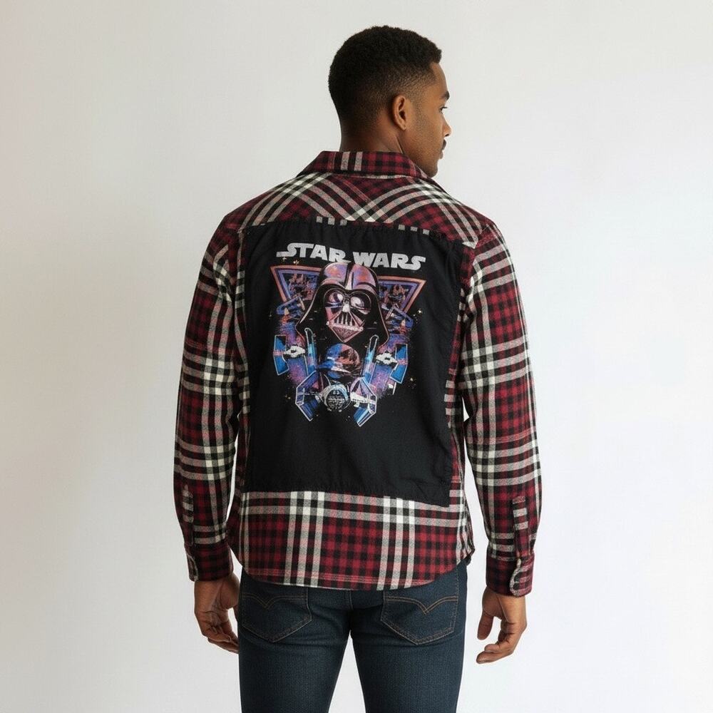 Upcycled Star Wars Plaid Flannel Shirt Men’s Medium Darth Vader Graphic